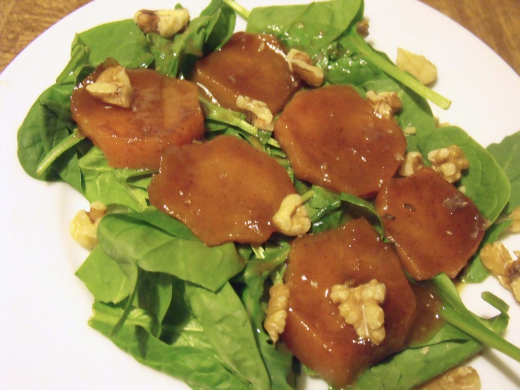 Candied Sweet Potato, Spinach and Arugula Salad