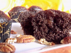 chocolate pecan muffins close up