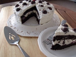 chocolate cherry cola cake slice and cake