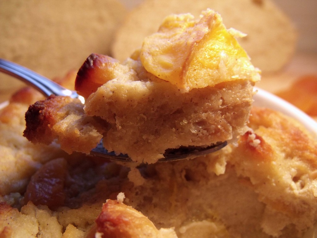 mango apricot bread pudding spoon