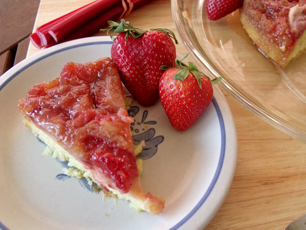 strawberry rhubarb upside down cake slice