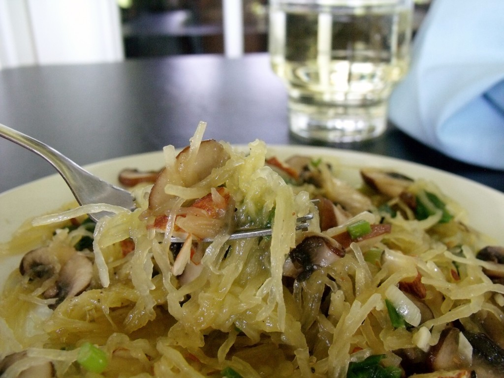 Spaghetti Squash, Mushrooms and Spinach close up