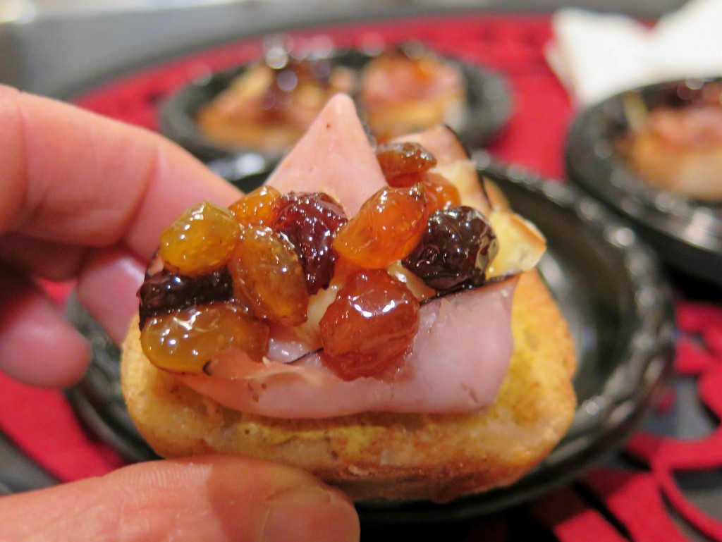 Raisin Glazed Ham and Cheese Crostini