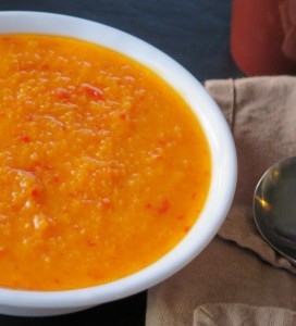 Butternut Squash and Roasted Red Pepper Soup close up