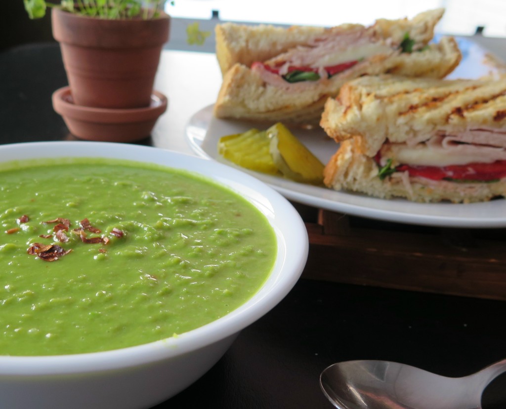 fresh pea soup and grilled cheese supreme sandwich
