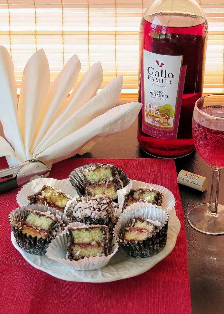 Lamingtons plated with Cafe Zinfandel