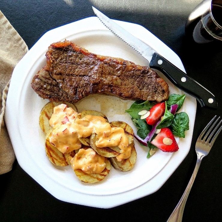 Tangy Tomato Chai Steaks & Saucy Grilled Spuds 