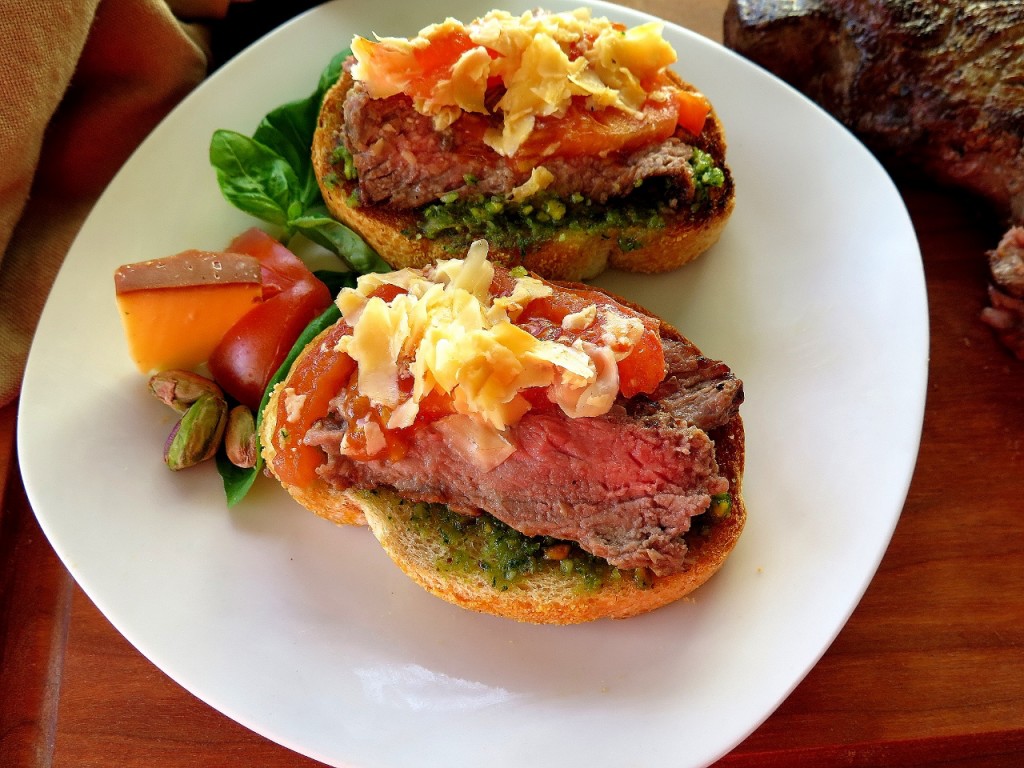 Beef Pistachio Pesto Crostini