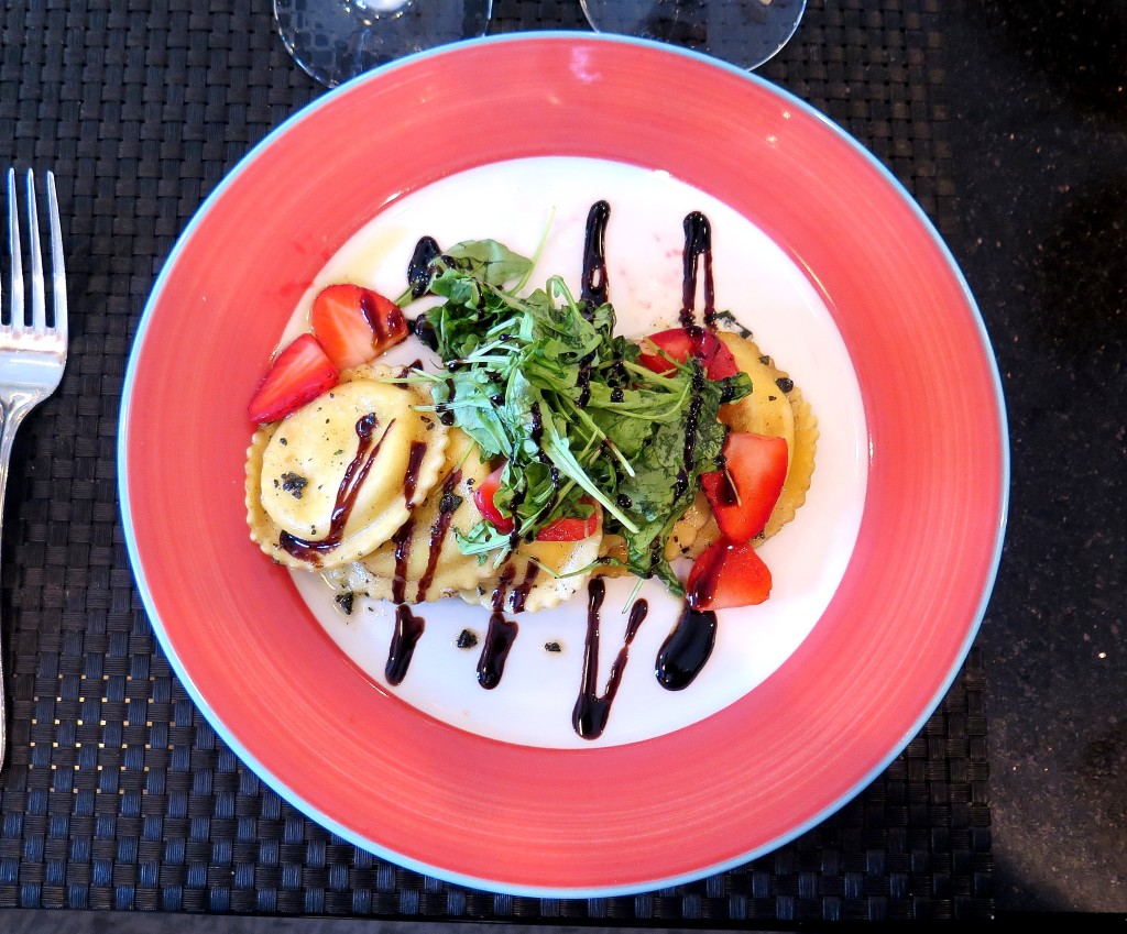 Sage Brown Butter Cheese Ravioli with Strawberries Arugula Balsamic Reduction