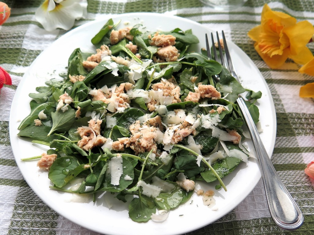 Flaked Salmon Arugula Spinach Watercress Salad 