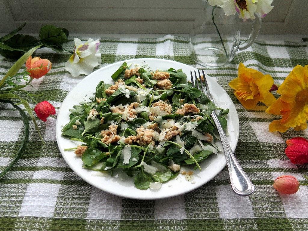Flaked Salmon Arugula Spinach Watercress Salad