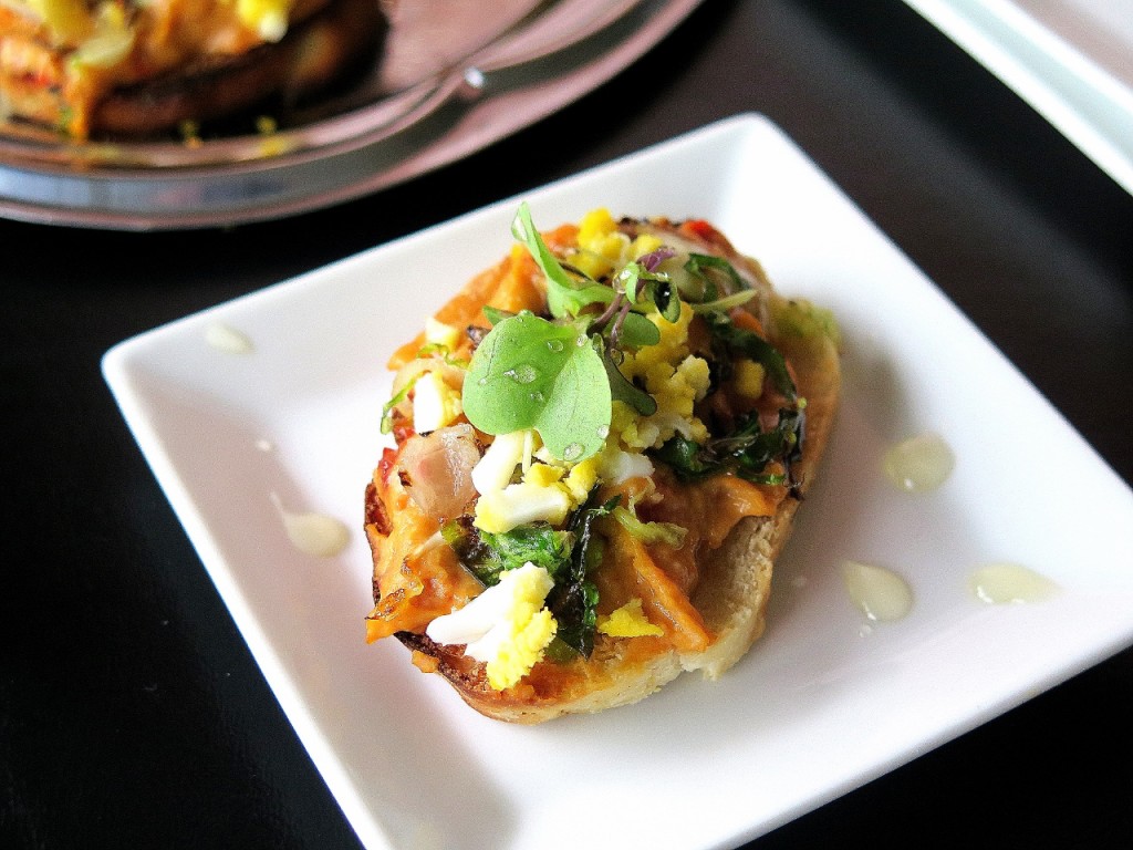 Roasted Brussels Sprouts Egg Red Pepper Hummus Crostini 