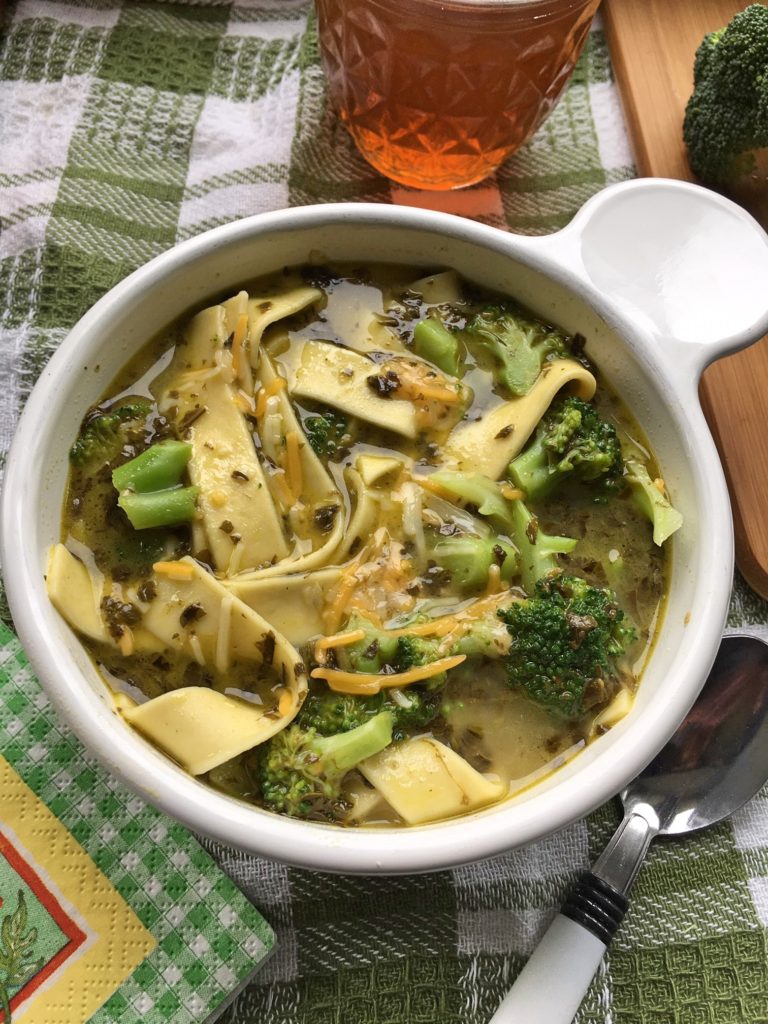 Cheesy Broccoli Pesto Noodle Soup