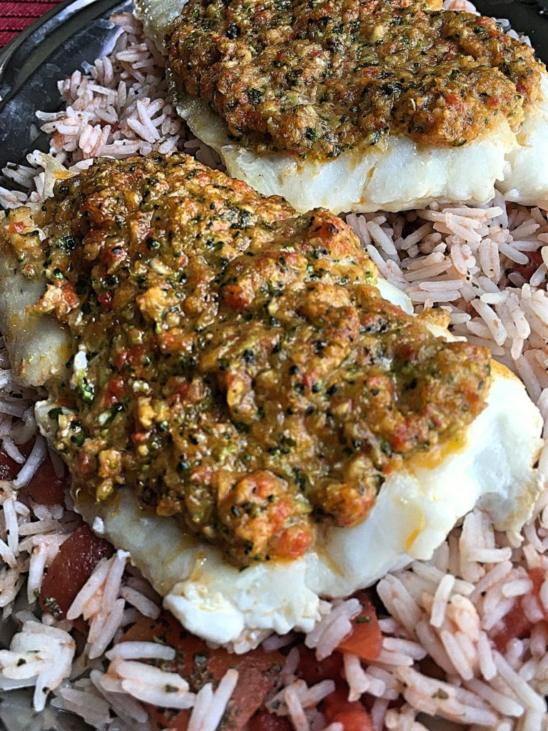 Broccoli Red Pepper Pesto Cod