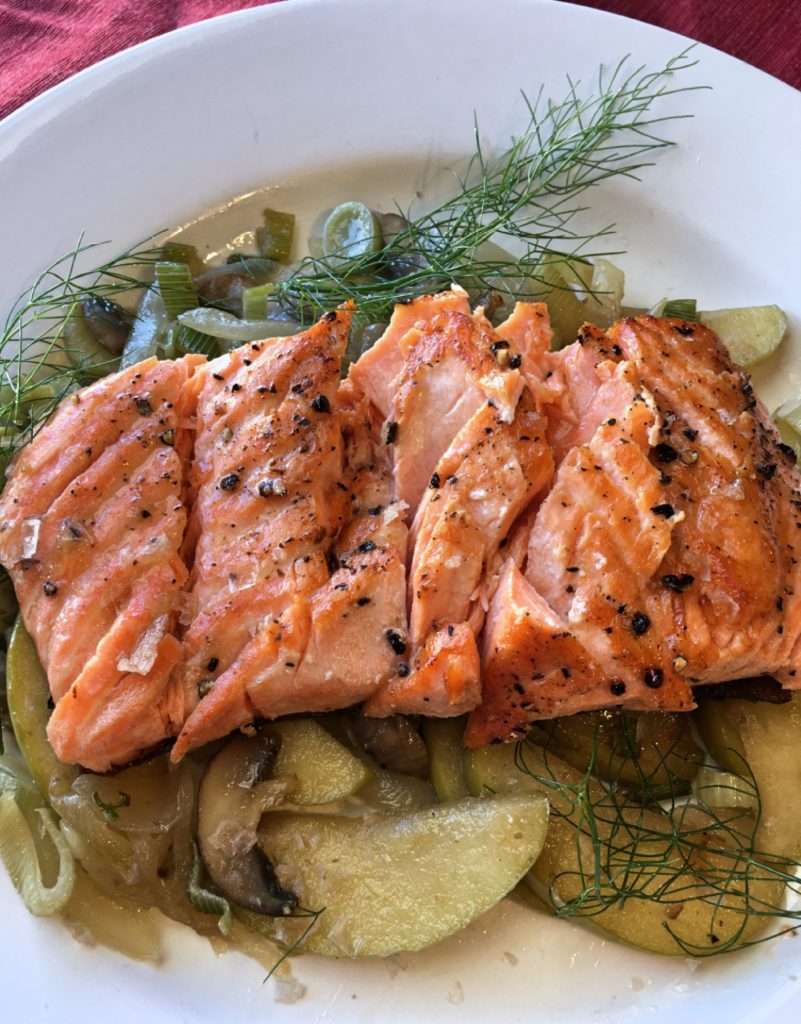 Steelhead Trout with Ginger Fennel Onion Apple and Mushrooms