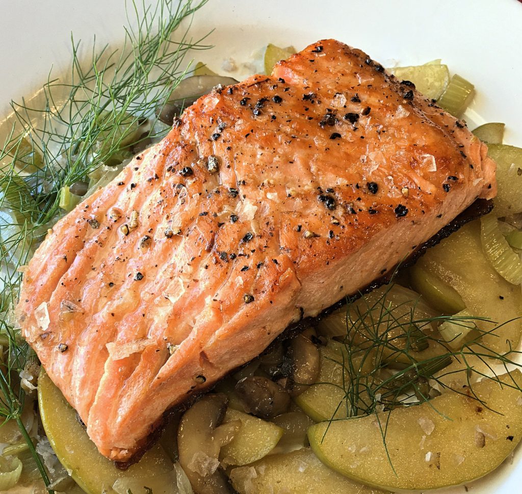 Steelhead Trout with Ginger Fennel Onion Apple and Mushrooms