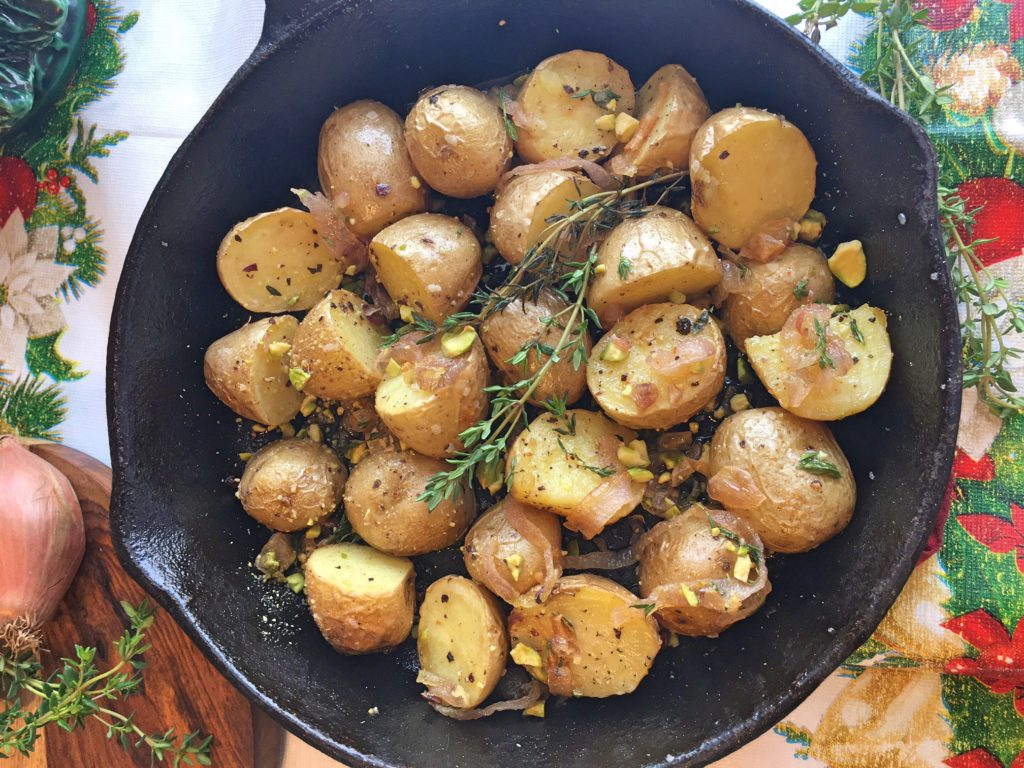 roasted yellow potatoes in shallot thyme pistachio butter