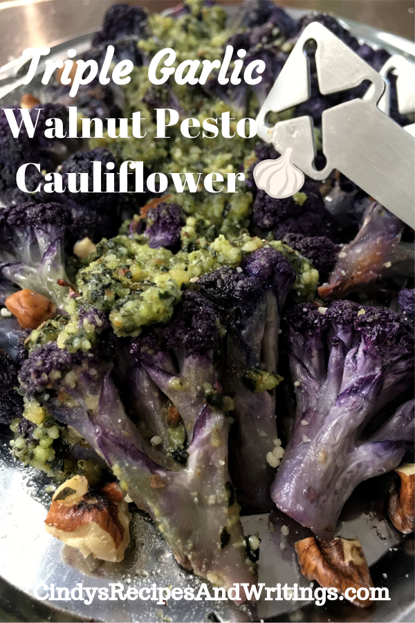 Triple Garlic Walnut Pesto Roasted Purple Cauliflower