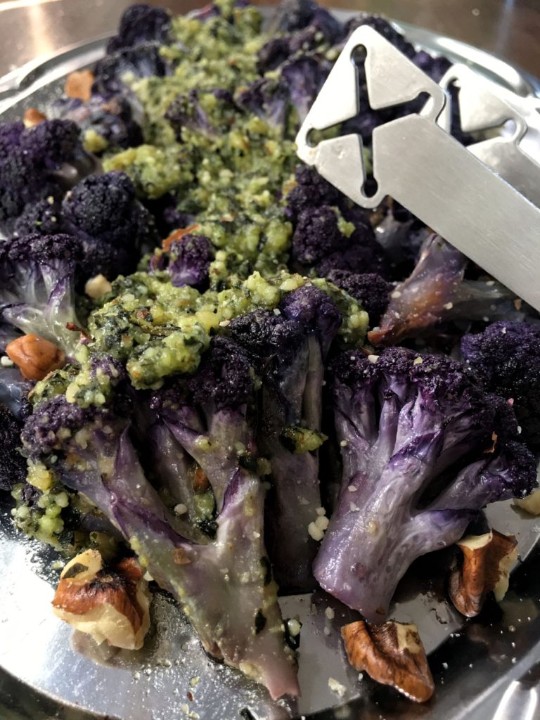 Triple Garlic Walnut Pesto Roasted Purple Cauliflower 