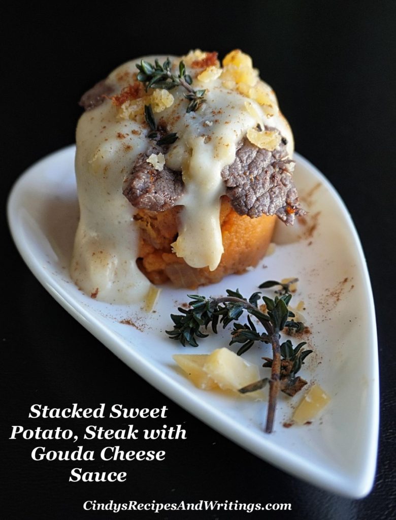 Stacked Sweet Potatoes Steak with Gouda Cheese Sauce